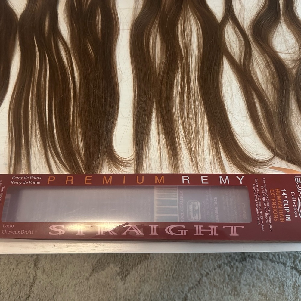 NIB Remy Chestnut Brown Hair 14 inch Extensions, 10 pieces (8 w/clips).